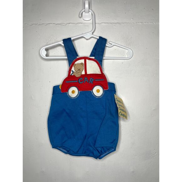 NEW Vintage Carters Teddy Bear in Car Blue Overalls Shortalls Romper Size 18 Mo - Picture 1 of 7
